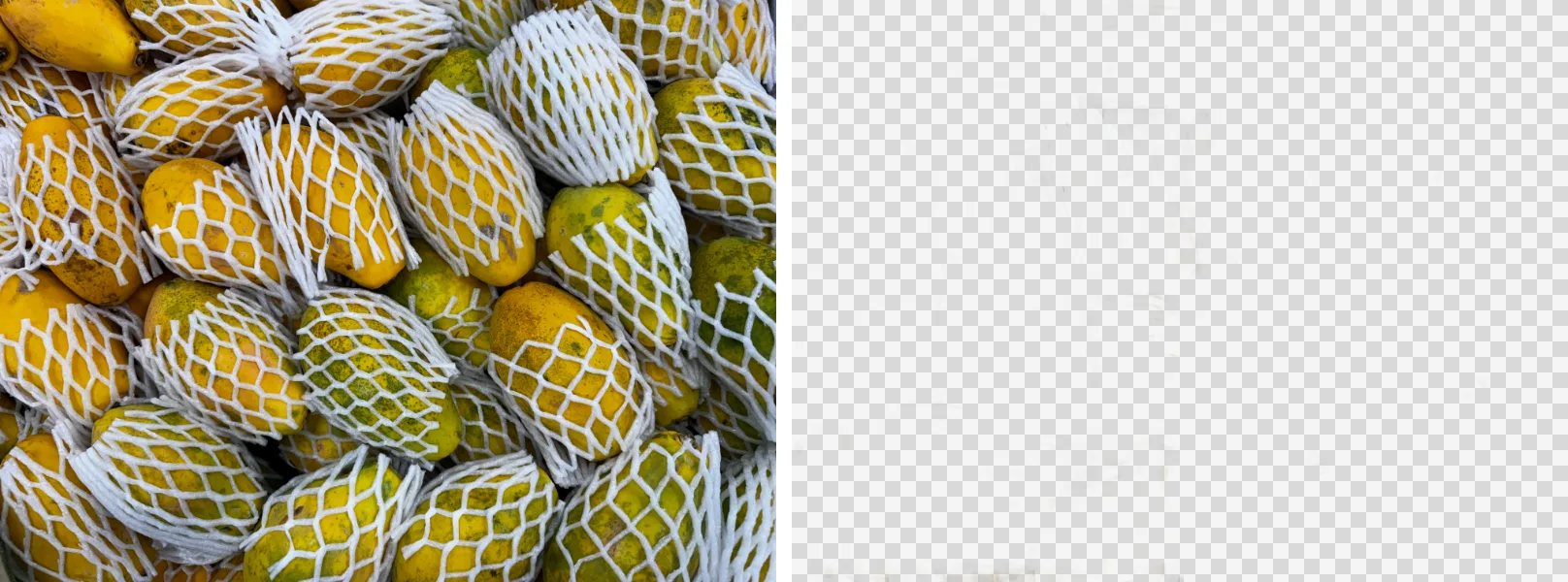 Una foto llena de papayas en redes protectoras blancas y el resultado, en el que se eliminó casi todo